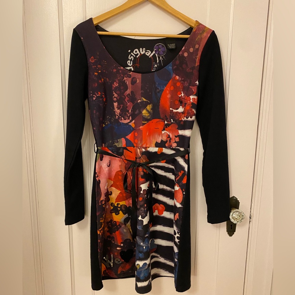 Desigual Black & Multicolor Abstract Print Long Sleeve Dress Colourful Unique